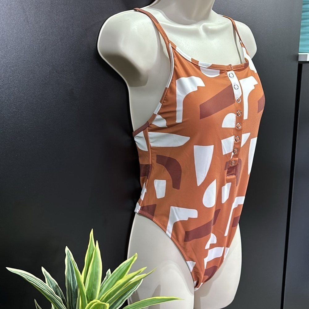 Upwest High Cut,Henley Snap Front,Padded Geometric Pattern One Piece Swim,Summer — image 3 of 8